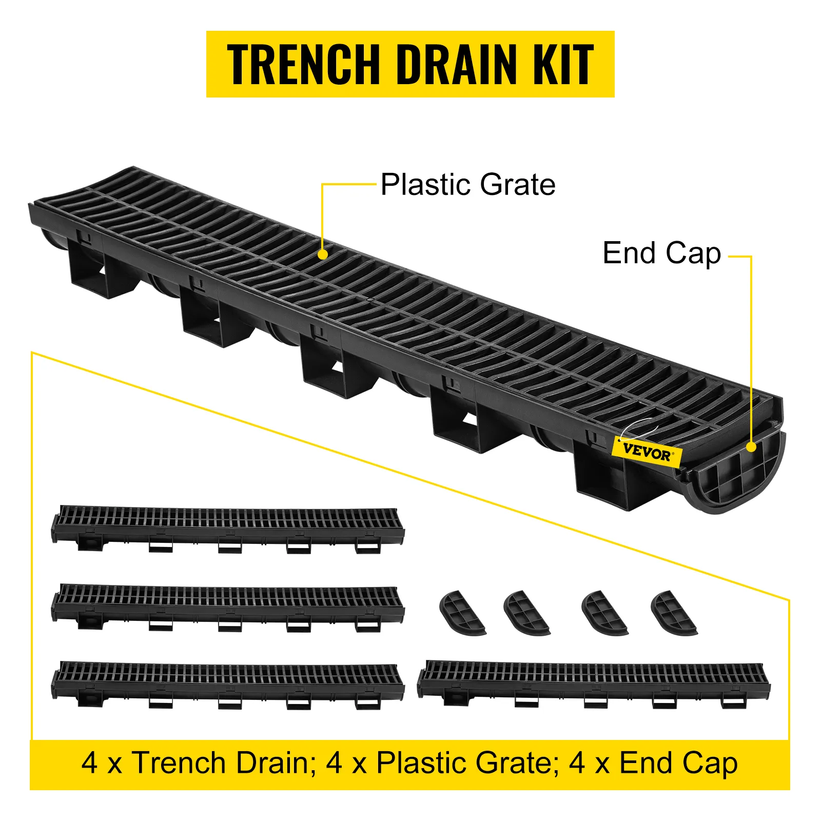 VEVOR trench drain system with plastic grates and end caps, includes 4 drains.