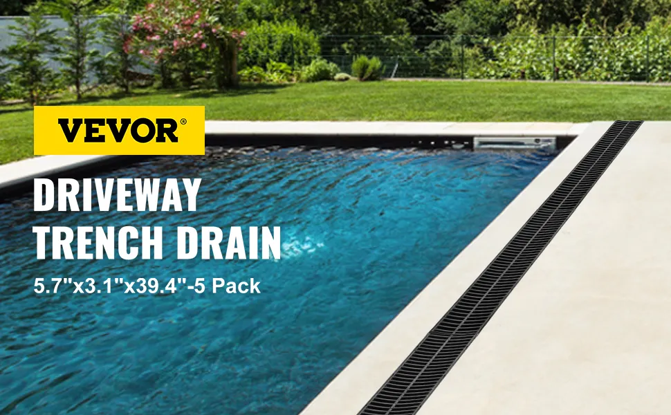 VEVOR trench drain system alongside a pool with lush green garden in the background.