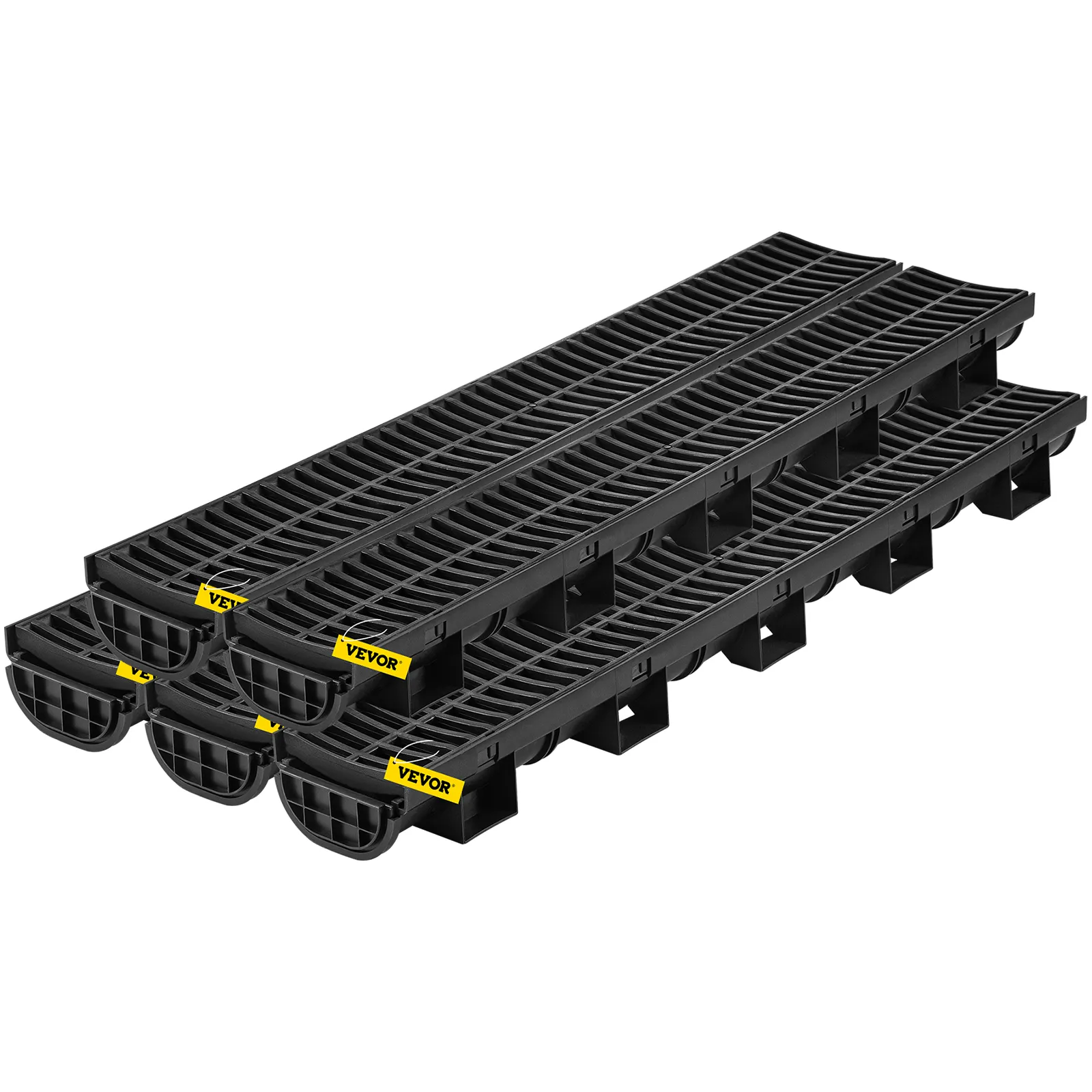 VEVOR trench drain system with black plastic grates and yellow branding.
