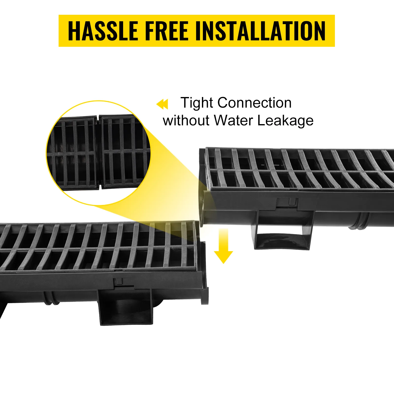 VEVOR trench drain system with tight, leak-free connection for hassle-free installation.