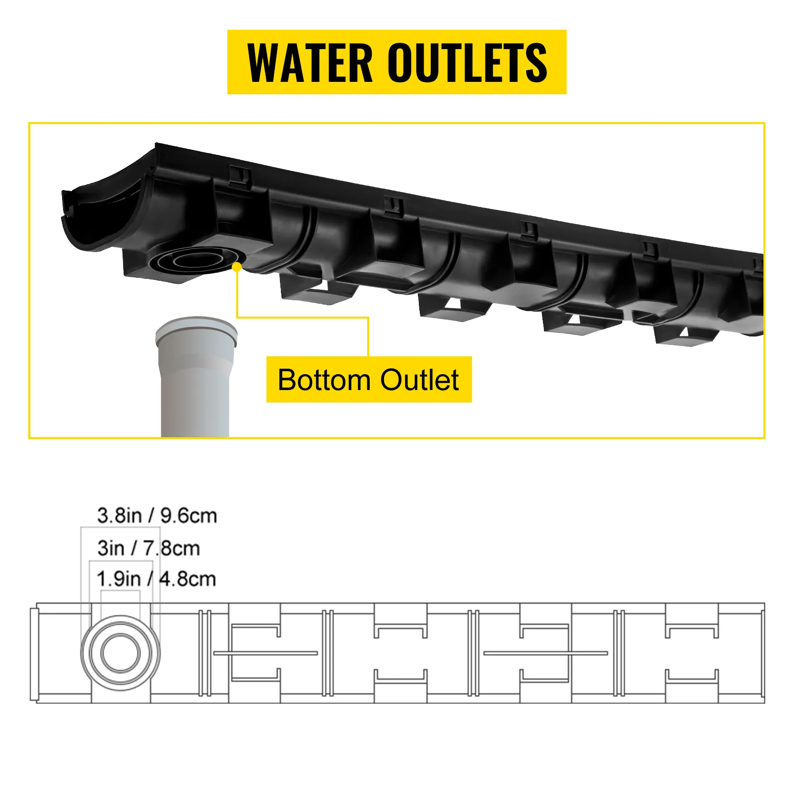 VEVOR trench drain system water outlets with dimensions and bottom outlet labeled.