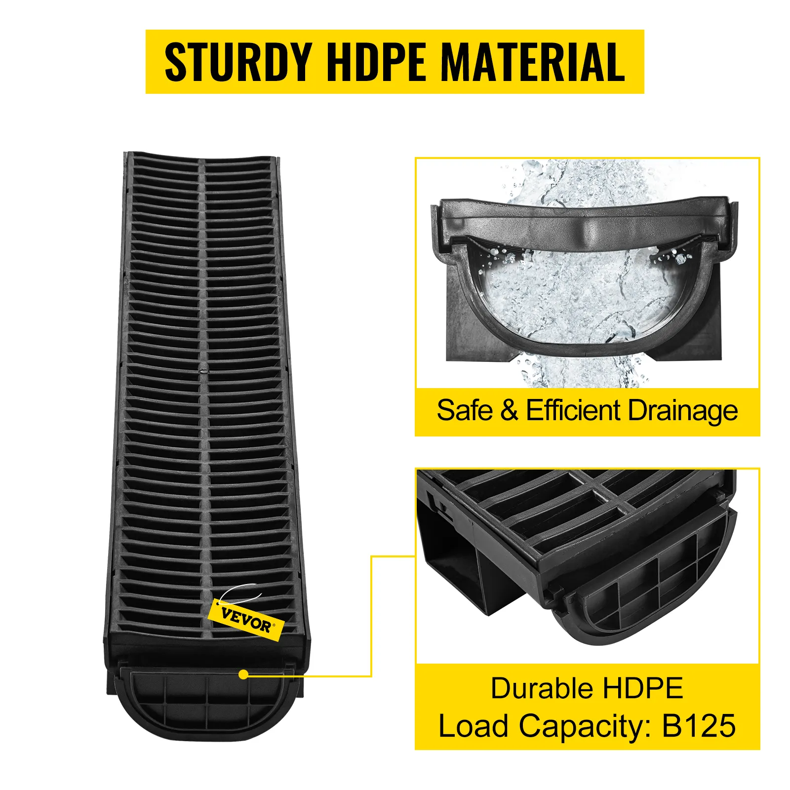 VEVOR trench drain system: sturdy hdpe, efficient drainage, durable load capacity b125.