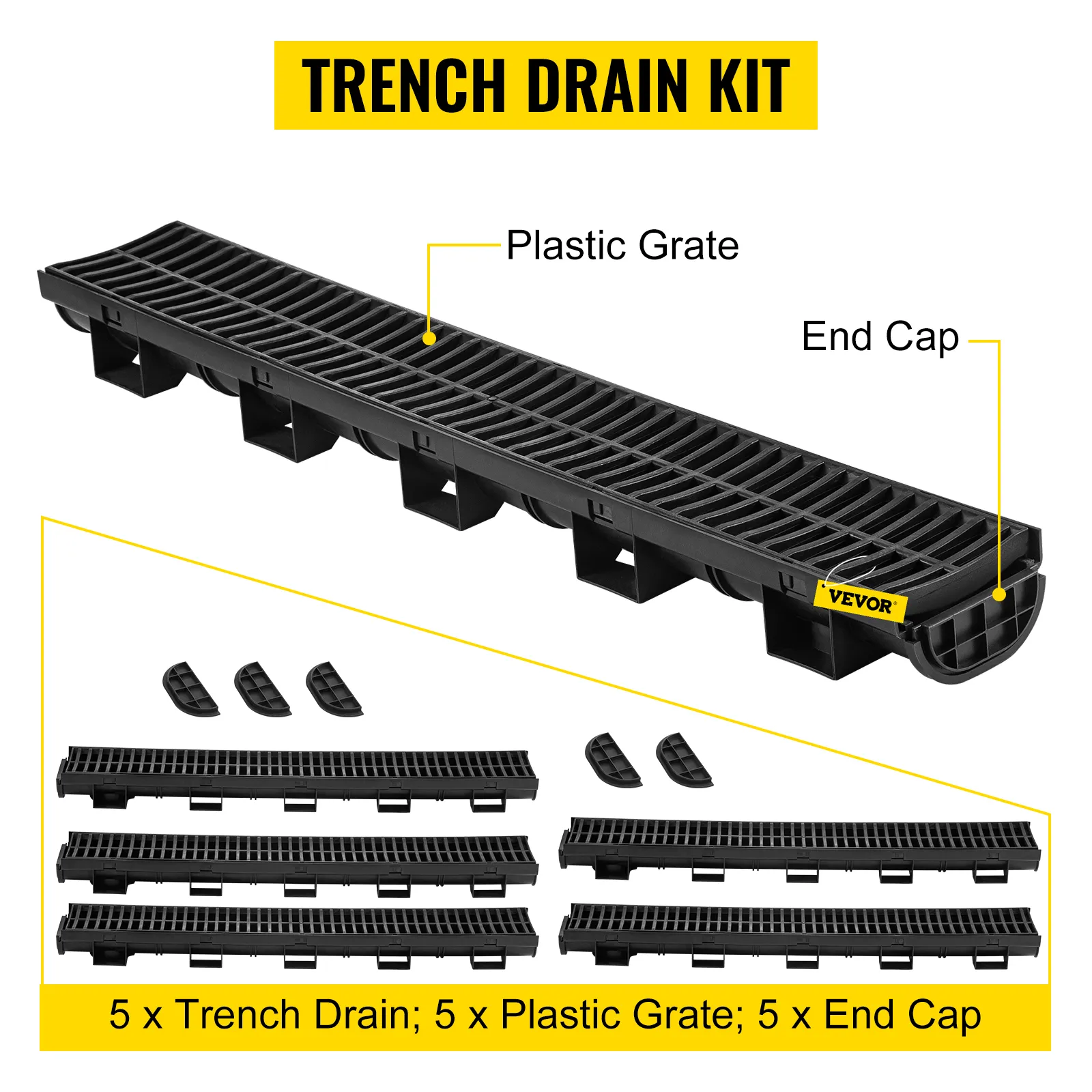 VEVOR trench drain system showing plastic grates, end caps, and kit components.