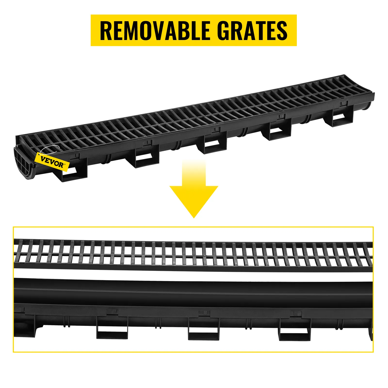 Sistema de drenaje de zanja VEVOR con rejillas extraíbles y primer plano detallado.