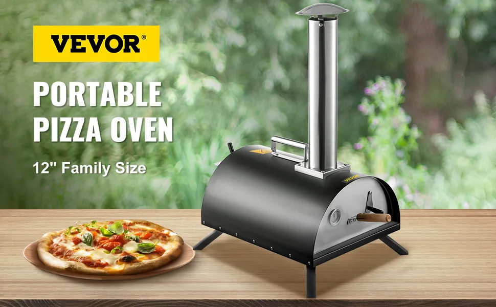 VEVOR outdoor pizza oven, 12" family size, with a freshly baked pizza on the side.