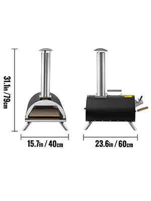 VEVOR outdoor pizza oven with dimensions: height 31in, width 15.7in, depth 23.6in.