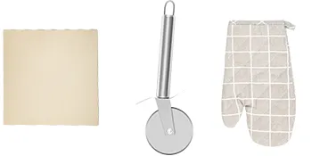 VEVOR outdoor pizza oven tools: pizza stone, cutter, and oven mitt.