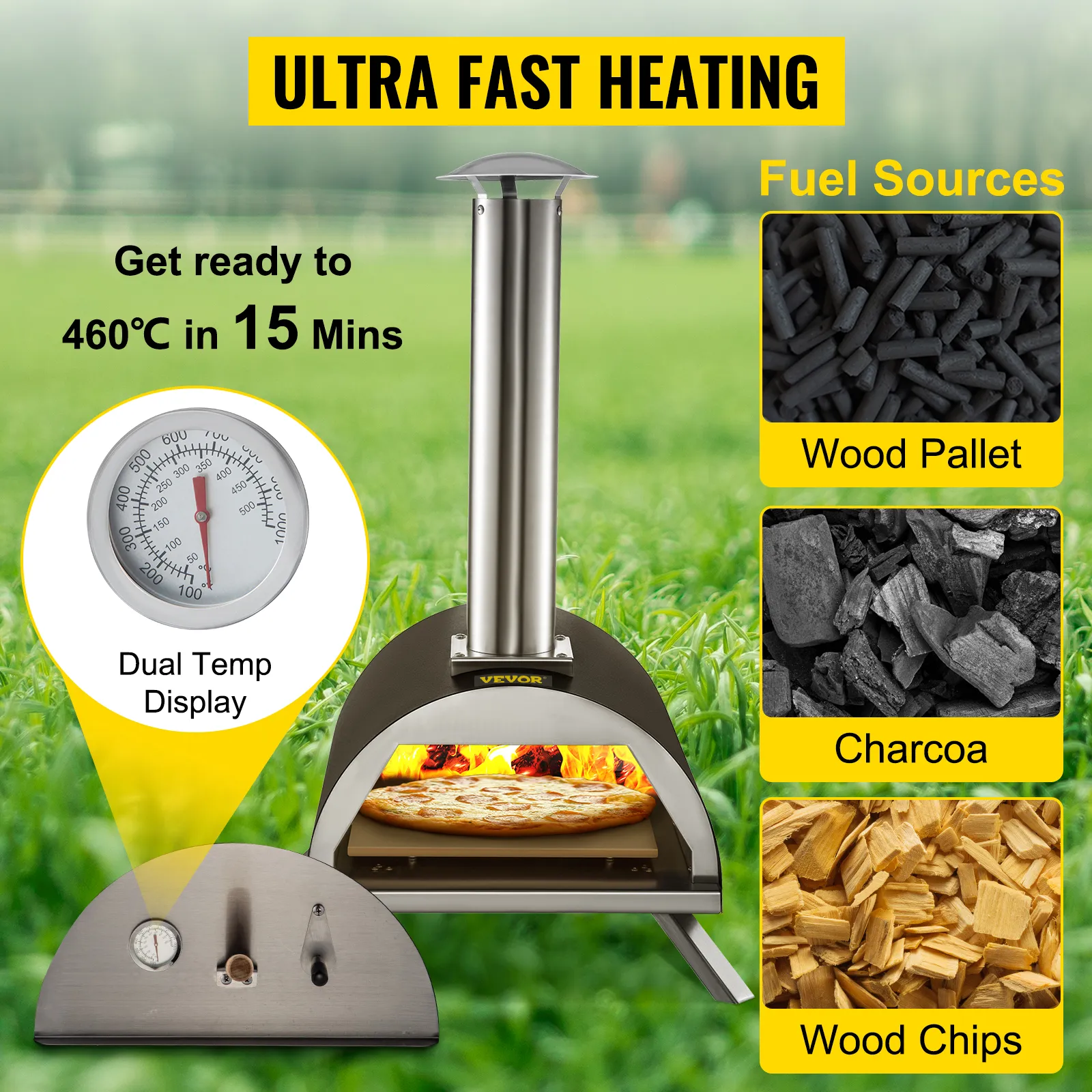 VEVOR outdoor pizza oven heating to 460°c in 15 mins with dual temp display and fuel sources.