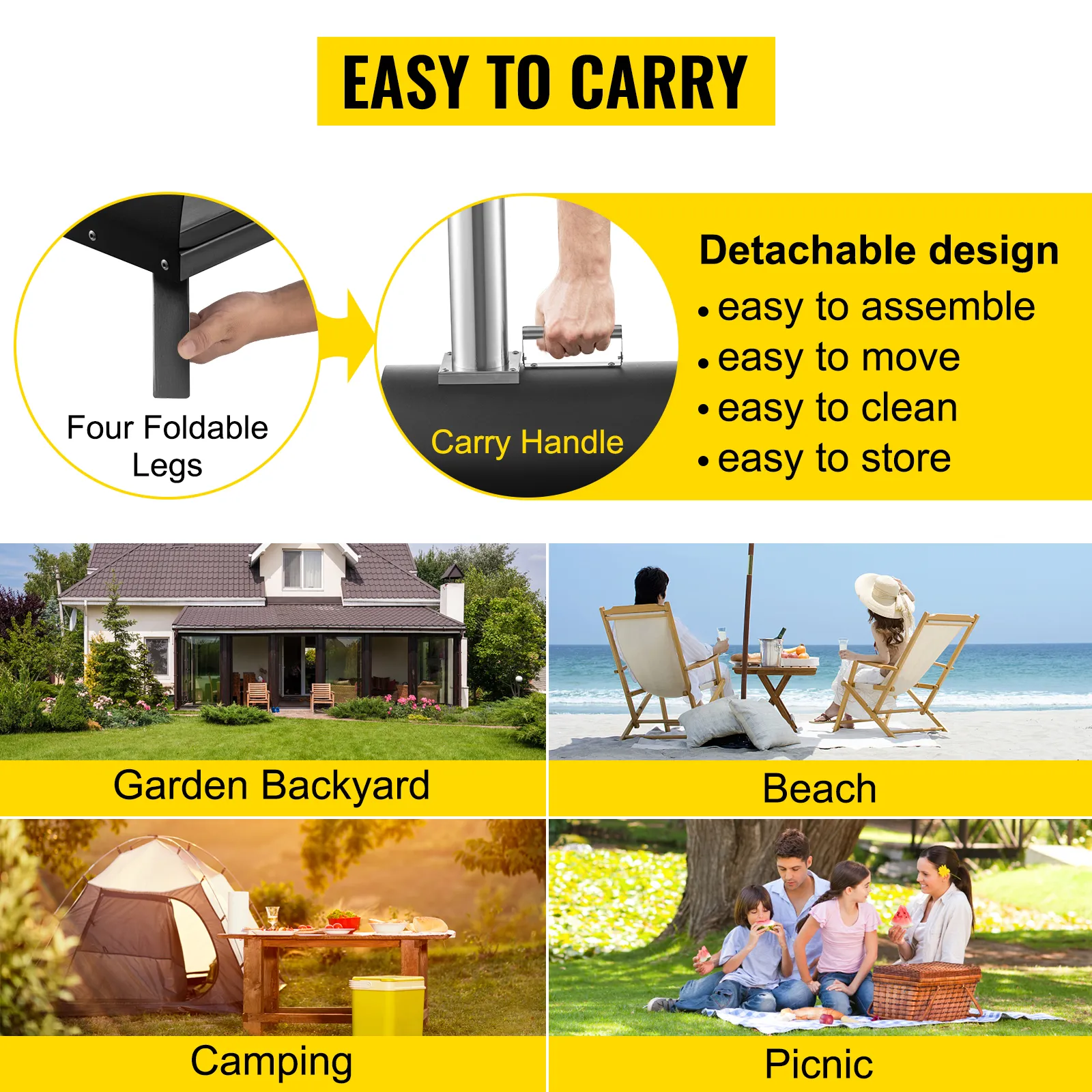 VEVOR outdoor pizza oven: easy to carry, detachable design for backyard, beach, camping, picnic.