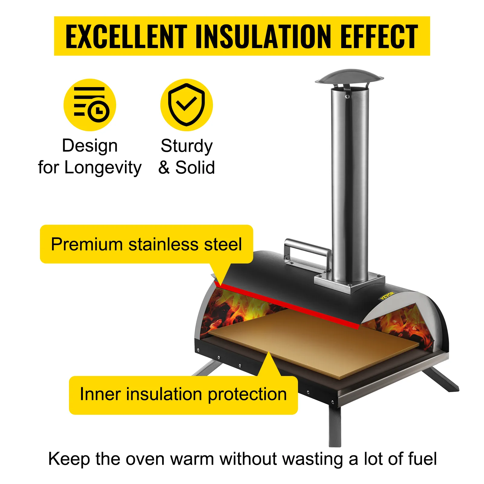 VEVOR outdoor pizza oven with excellent insulation, premium stainless steel, and inner protection.