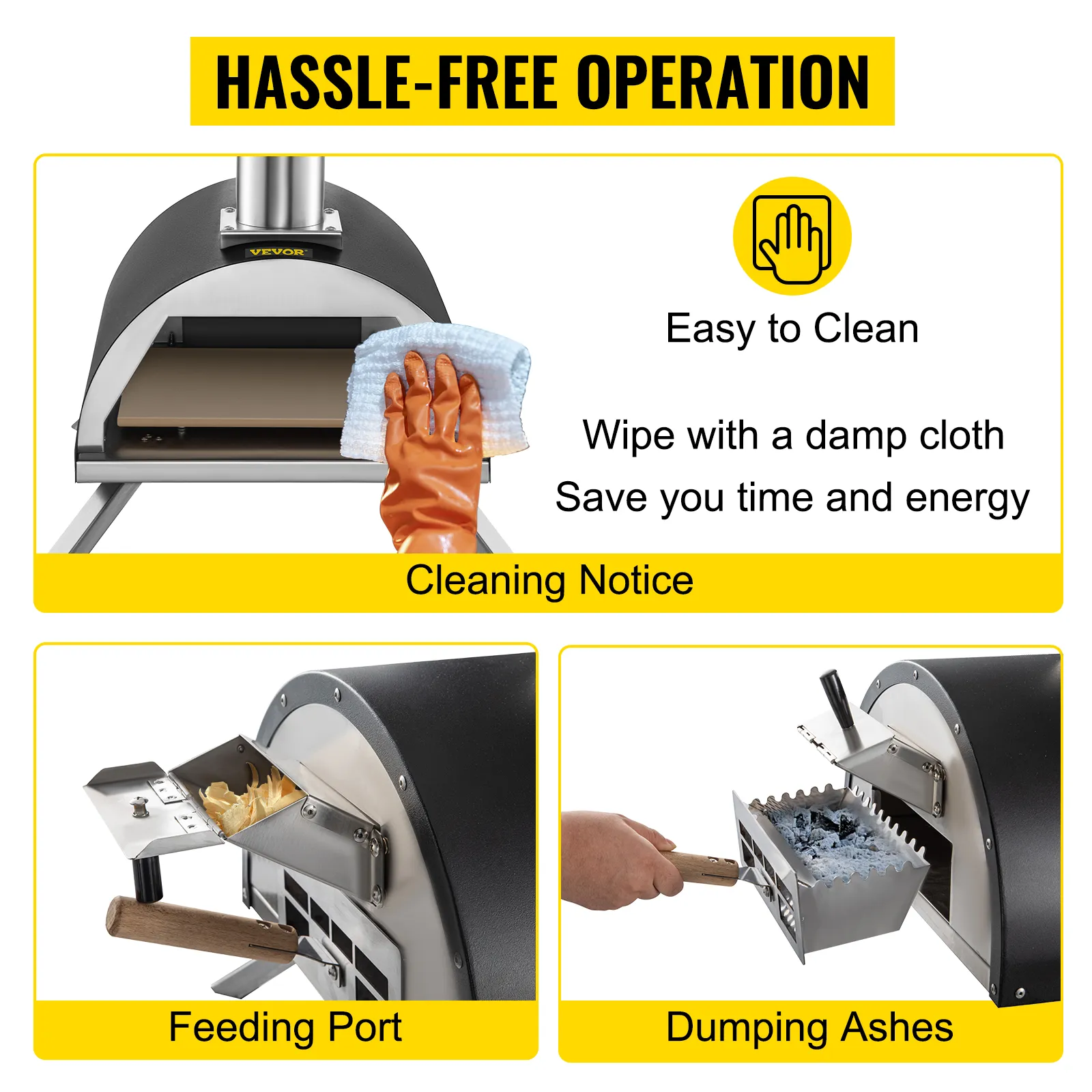 VEVOR outdoor pizza oven: easy-to-clean, feeding port, dumping ashes. hassle-free operation.
