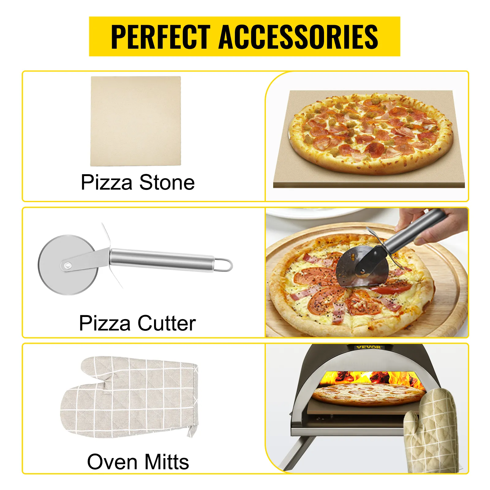 VEVOR outdoor pizza oven with pizza stone, cutter, and oven mitts set. perfect accessories.