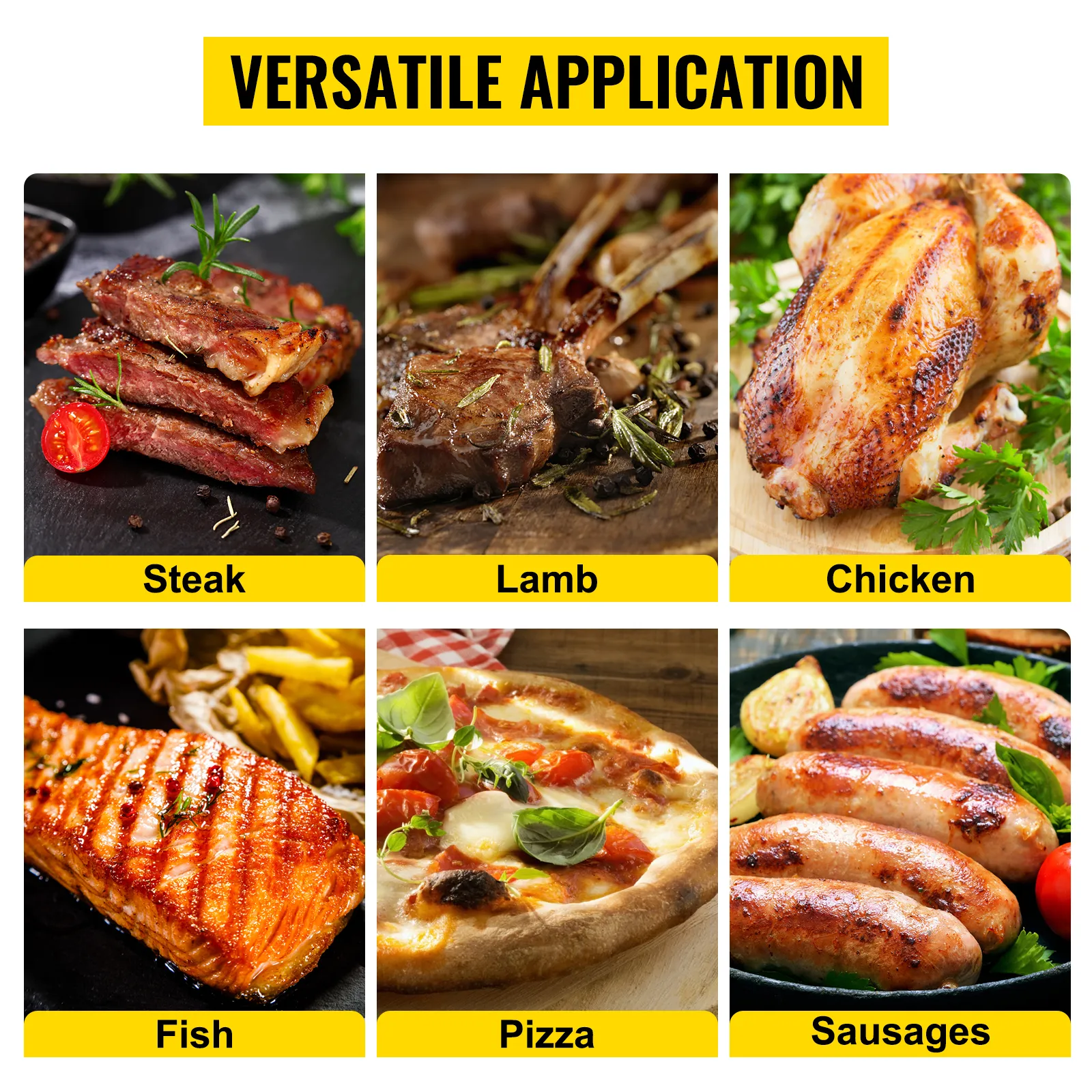 VEVOR outdoor pizza oven cooking steak, lamb, chicken, fish, pizza, and sausages.