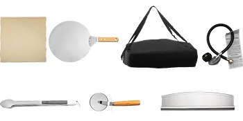 Accesorios para horno de pizza a gas VEVOR, que incluyen pala, piedra, cortador, pinzas, bolsa de transporte y manguera.