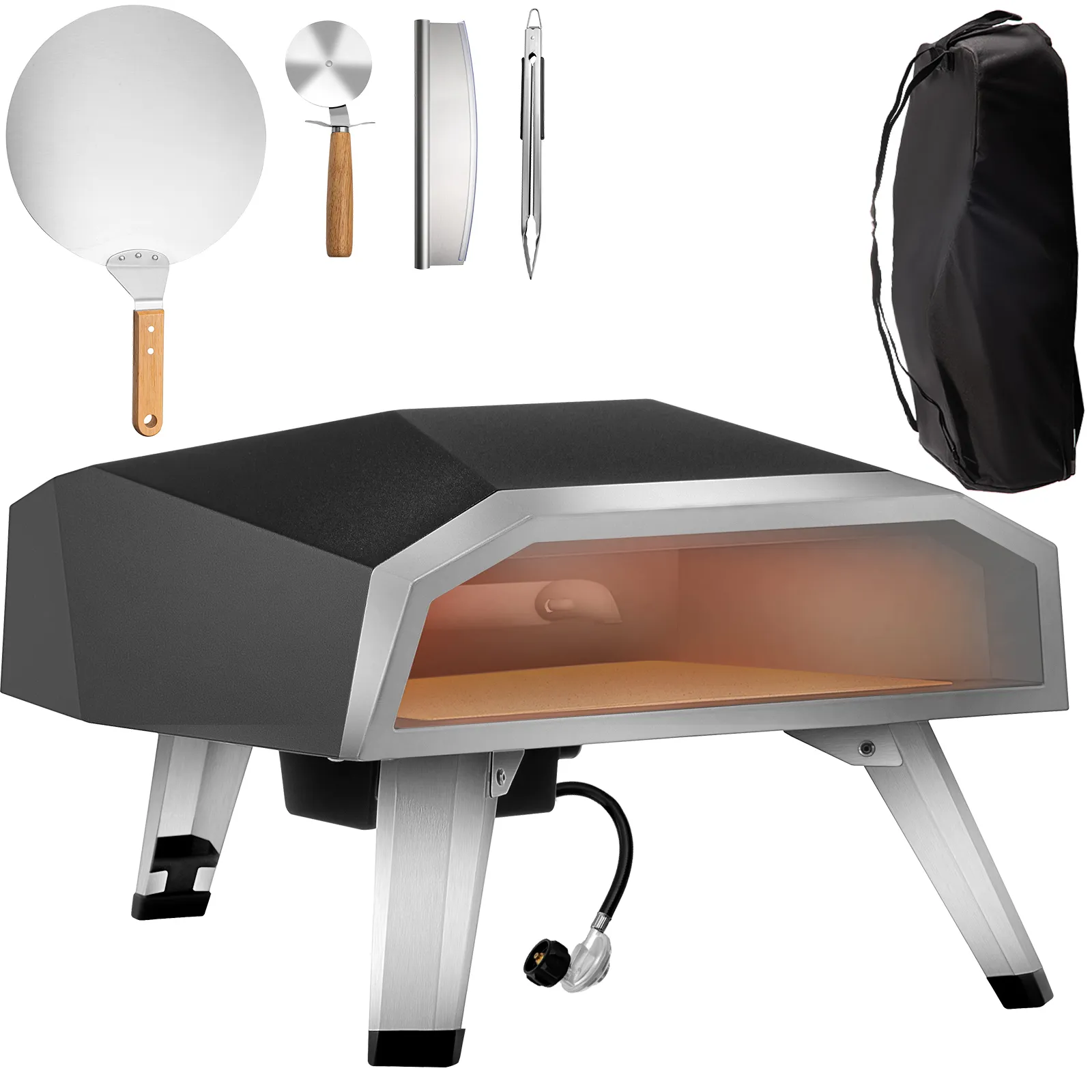 Horno de pizza a gas VEVOR con accesorios que incluyen pala, cortador y bolsa de transporte.