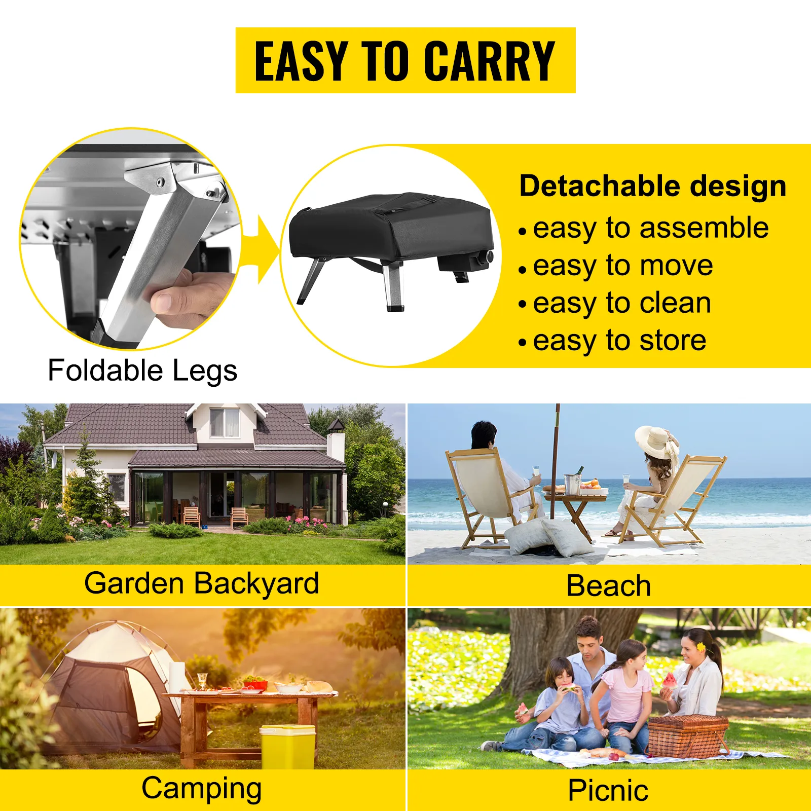 Horno de pizza a gas VEVOR, portátil con patas plegables, perfecto para patio, playa, campamentos y picnics.