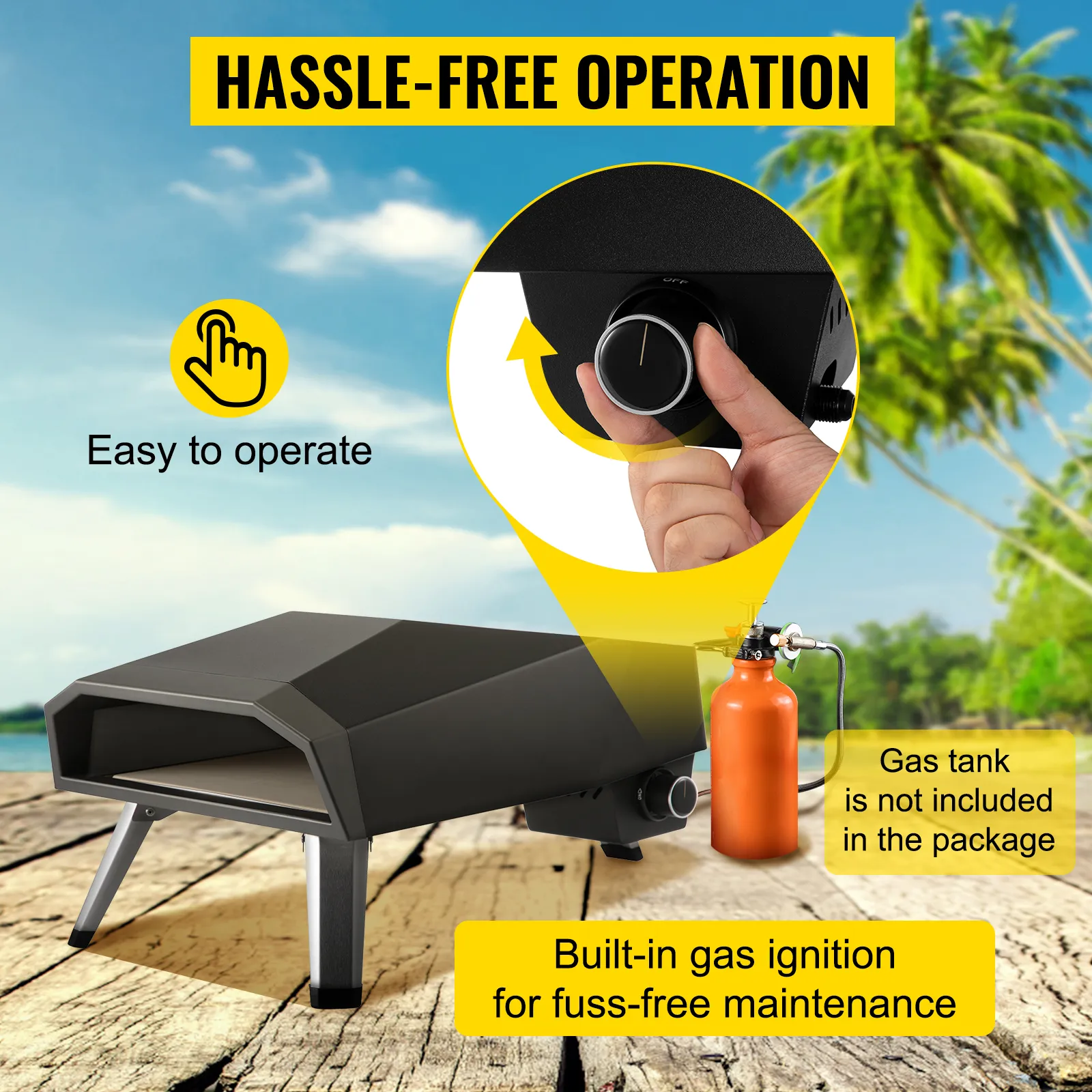 Horno de pizza a gas VEVOR, fácil de operar con encendido a gas incorporado, mostrado al aire libre.