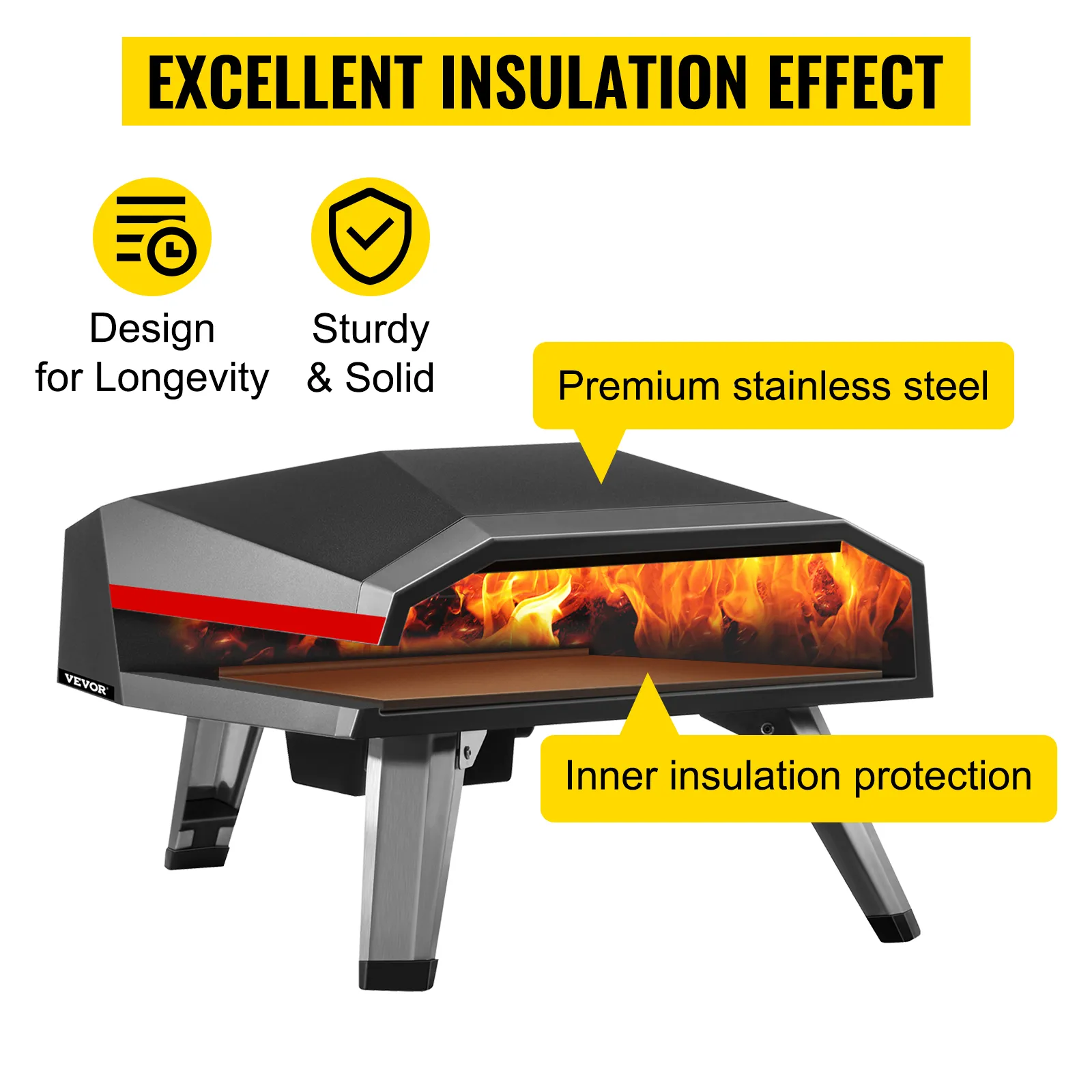 Horno de pizza a gas VEVOR que presenta un excelente aislamiento, acero inoxidable de primera calidad y protección interior.