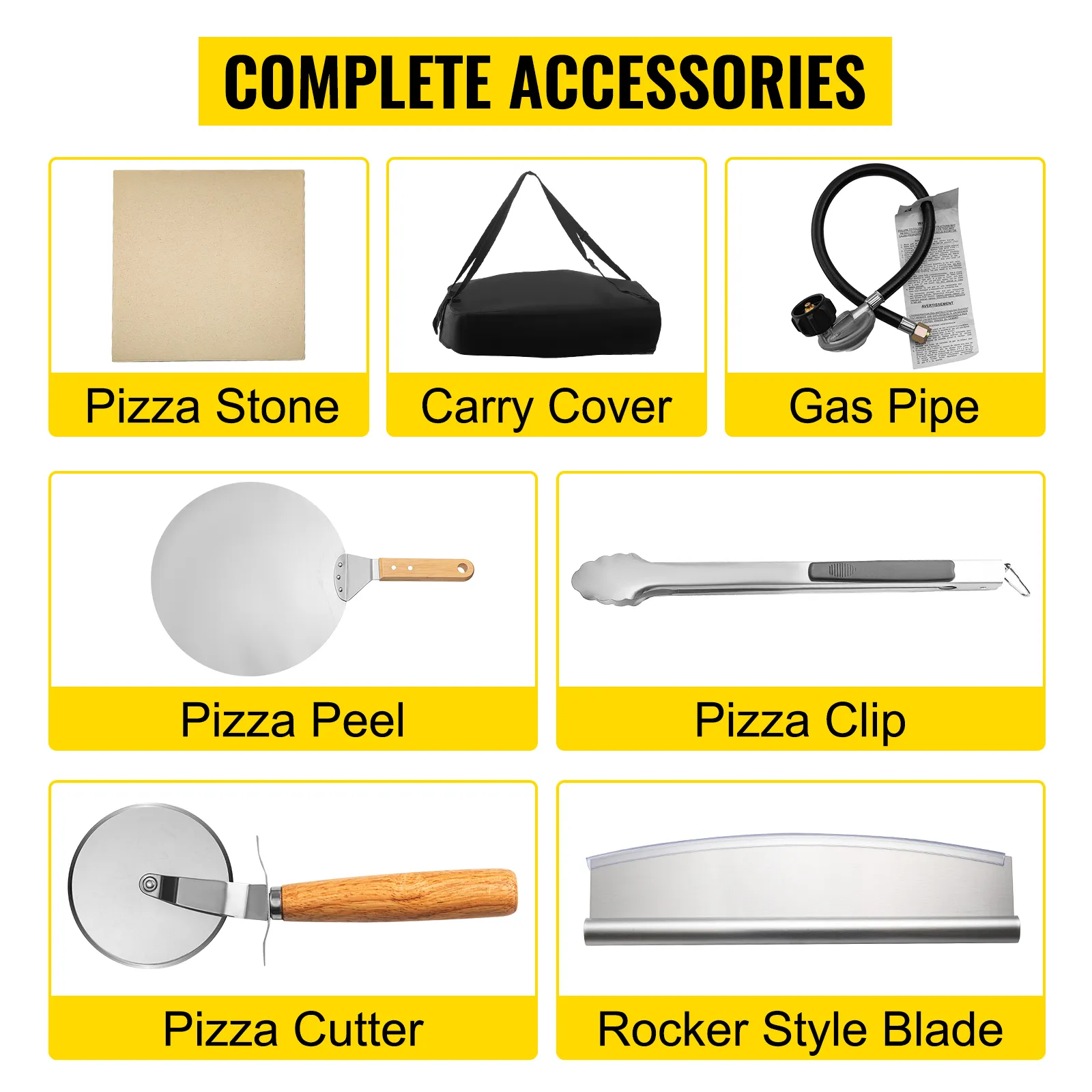 Accesorios completos para horno de pizza a gas VEVOR: piedra para pizza, funda de transporte, tubo de gas, pala, clip, cortador, cuchilla basculante.