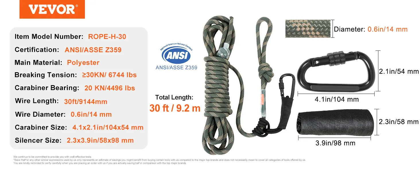 Cuerda de seguridad para soporte de árbol VEVOR, ansi/asse z359, 30 pies, 0,6 pulgadas de diámetro, poliéster, 6744 libras de tensión.
