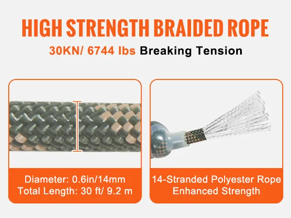 Cuerda trenzada de alta resistencia, tensión de rotura de 30 kN/6744 lbs, diámetro de 0,6 pulgadas/14 mm, longitud de 30 pies/9,2 m.