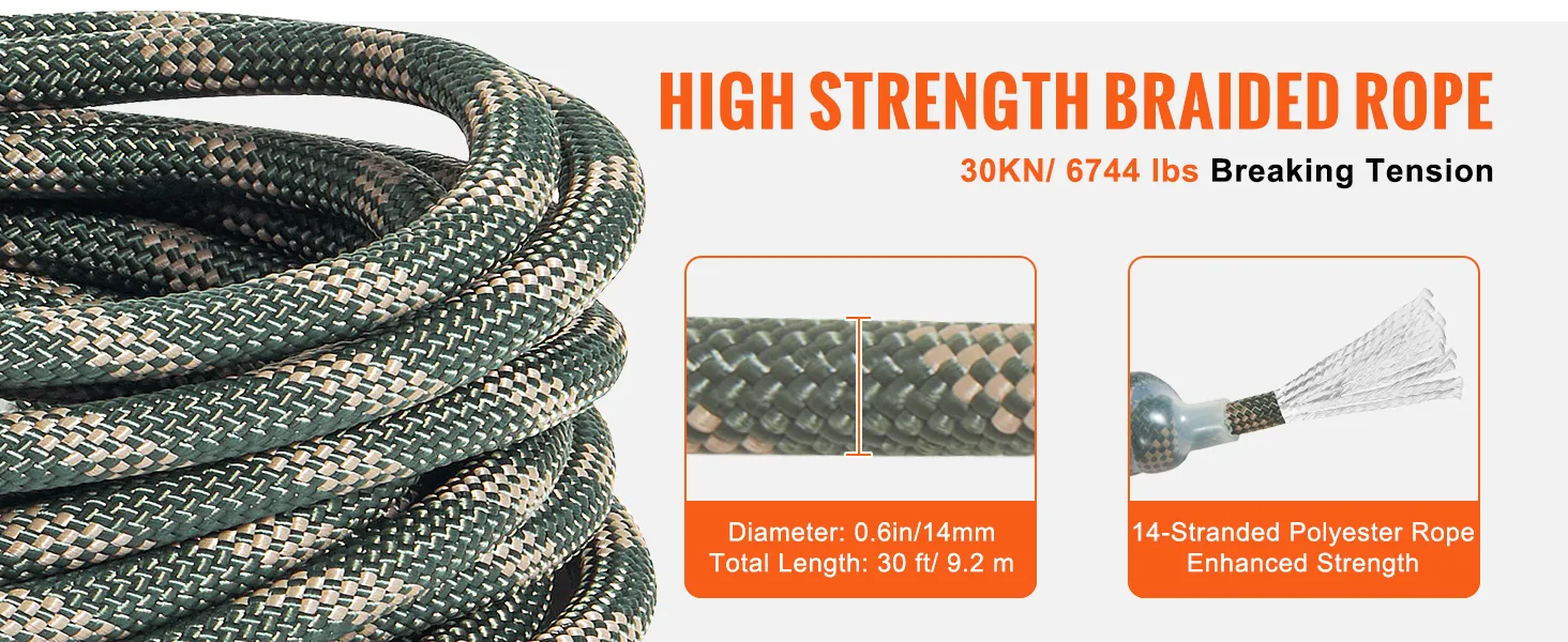 Cuerda trenzada de alta resistencia, tensión de rotura de 30 kN/6744 lbs, diámetro de 0,6 pulgadas/14 mm, longitud de 30 pies/9,2 m.
