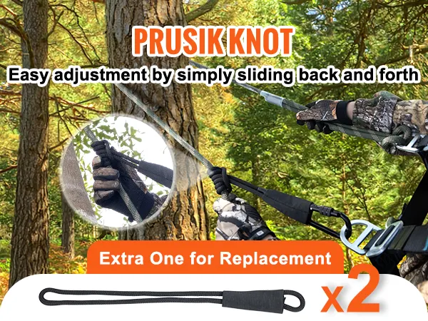 Nudo Prusik en cuerda de seguridad para soporte de árbol VEVOR con fácil ajuste, guantes de camuflaje y repuesto adicional.