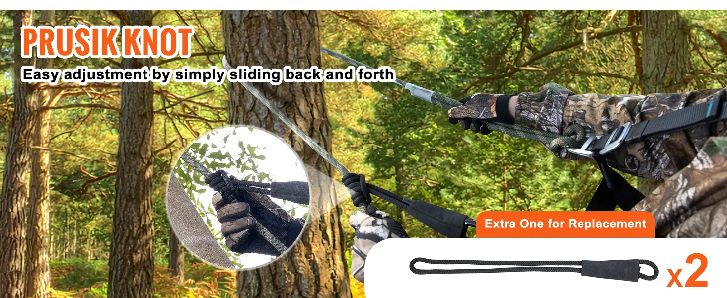 Nudo Prusik en cuerda de seguridad para soporte de árbol VEVOR con fácil ajuste, guantes de camuflaje y repuesto adicional.