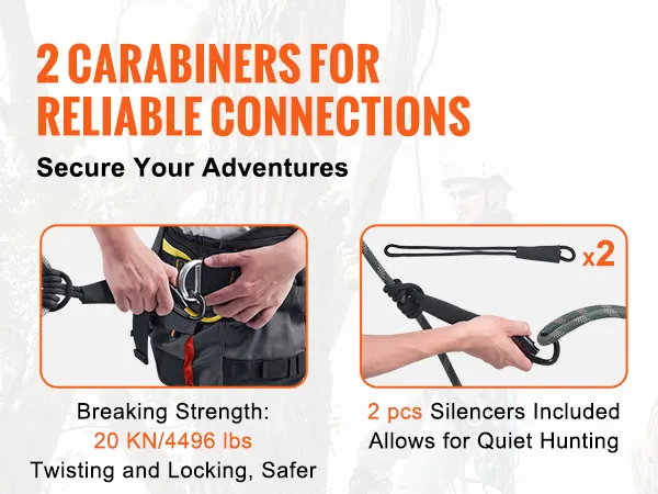 2 mosquetones y silenciadores para aventuras seguras con la cuerda de seguridad para soporte de árbol VEVOR, resistencia de 20 kN.