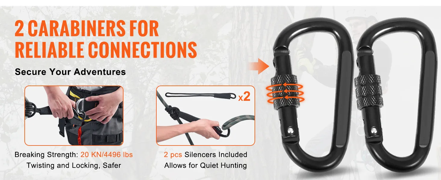 2 mosquetones y silenciadores para aventuras seguras con la cuerda de seguridad para soporte de árbol VEVOR, resistencia de 20 kN.