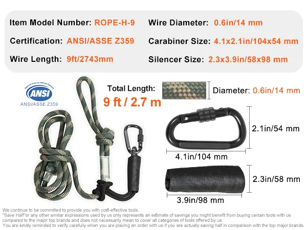 Cuerda de seguridad para soporte de árbol VEVOR, poliéster de 9 pies, certificación ANSI/ASSE Z359, 0,6 pulgadas de diámetro, mosquetón de 20 nudos.