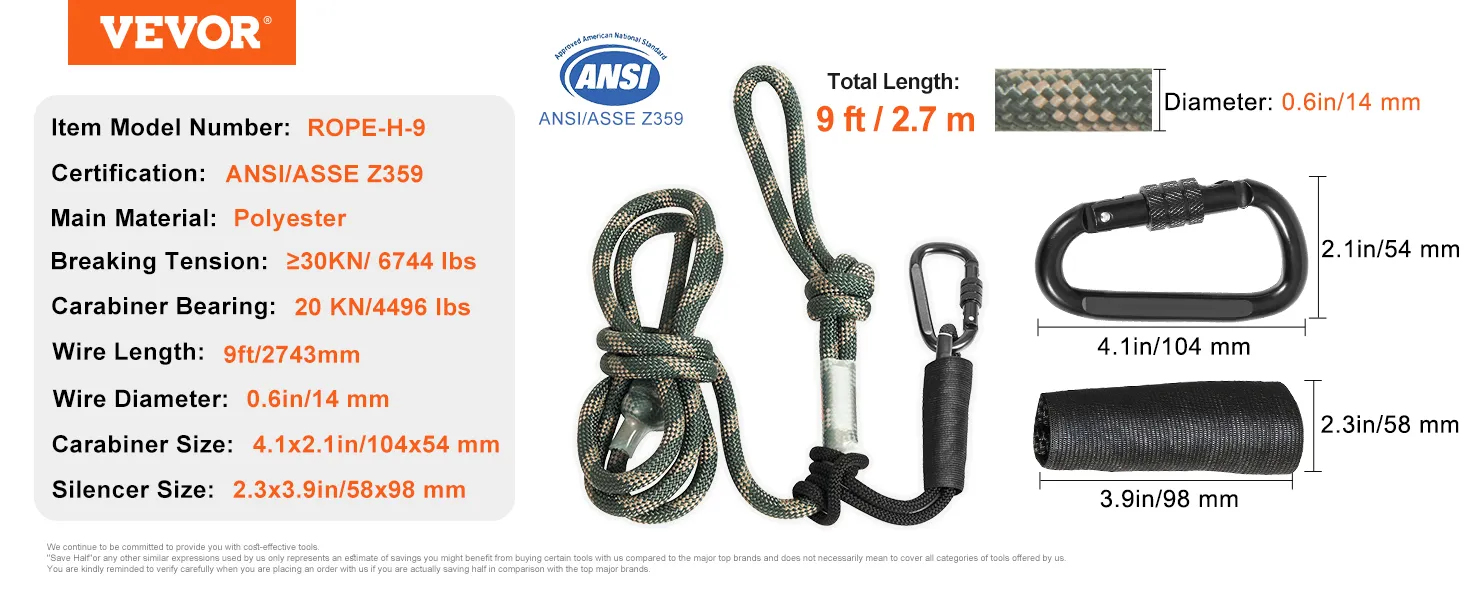 Cuerda de seguridad para soporte de árbol VEVOR, poliéster de 9 pies, certificación ANSI/ASSE Z359, 0,6 pulgadas de diámetro, mosquetón de 20 nudos.