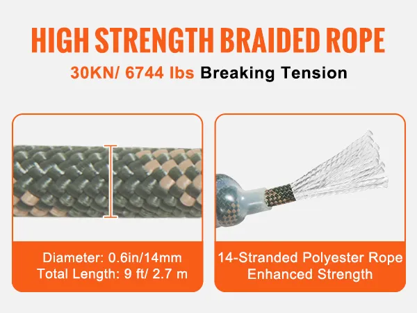 Cuerda trenzada de alta resistencia, tensión de rotura de 30 kN/6744 lbs, cuerda de seguridad para soporte de árbol VEVOR, 0,6 pulgadas x 9 pies.