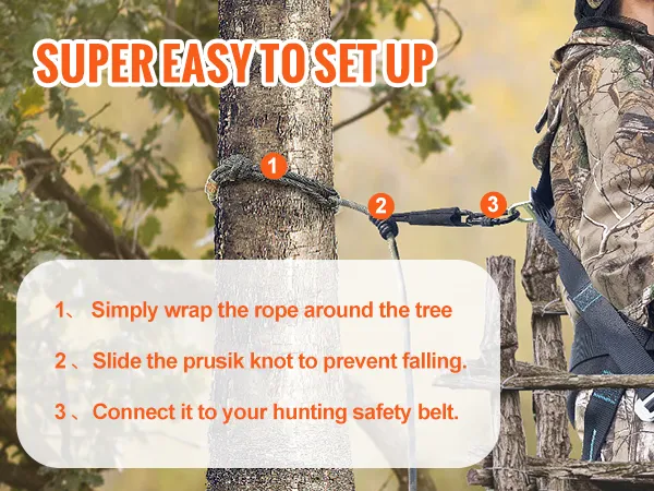 Súper fácil de instalar, la cuerda de seguridad para soporte de árbol VEVOR mejora la seguridad de la caza con simples pasos.