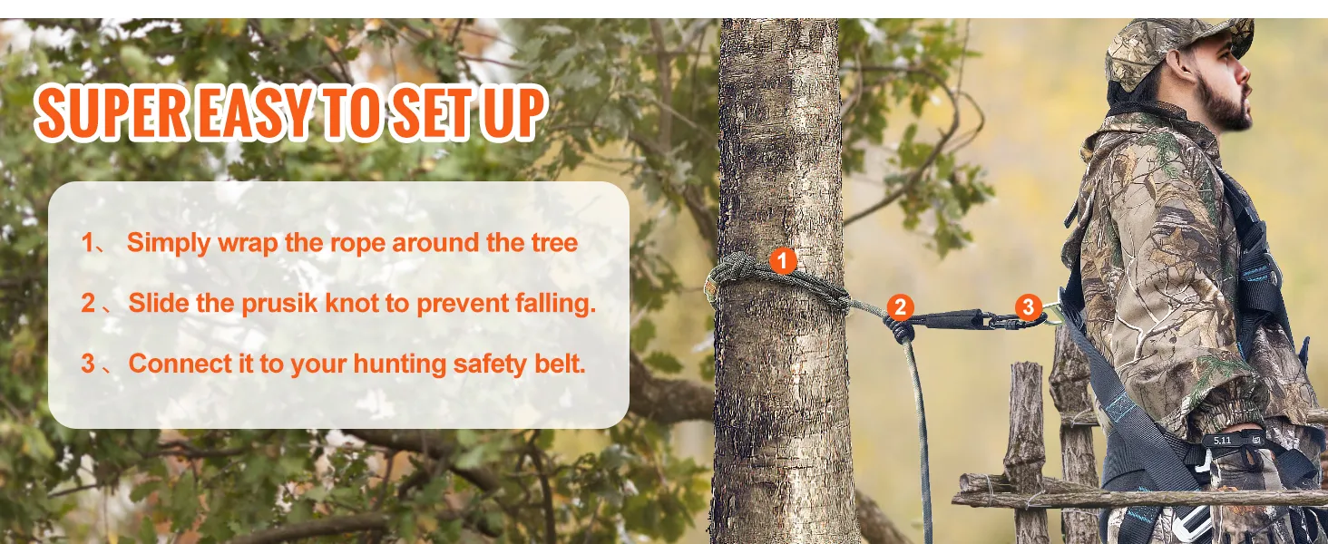 Súper fácil de instalar, la cuerda de seguridad para soporte de árbol VEVOR mejora la seguridad de la caza con simples pasos.