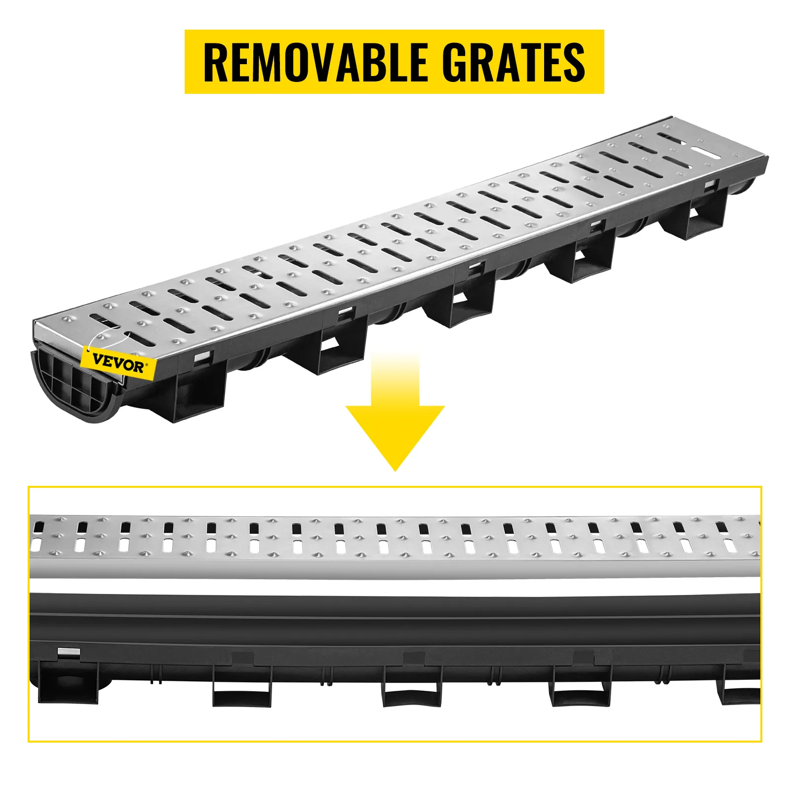 Sistema de drenaje de zanja VEVOR con rejillas extraíbles, destacando su construcción duradera.