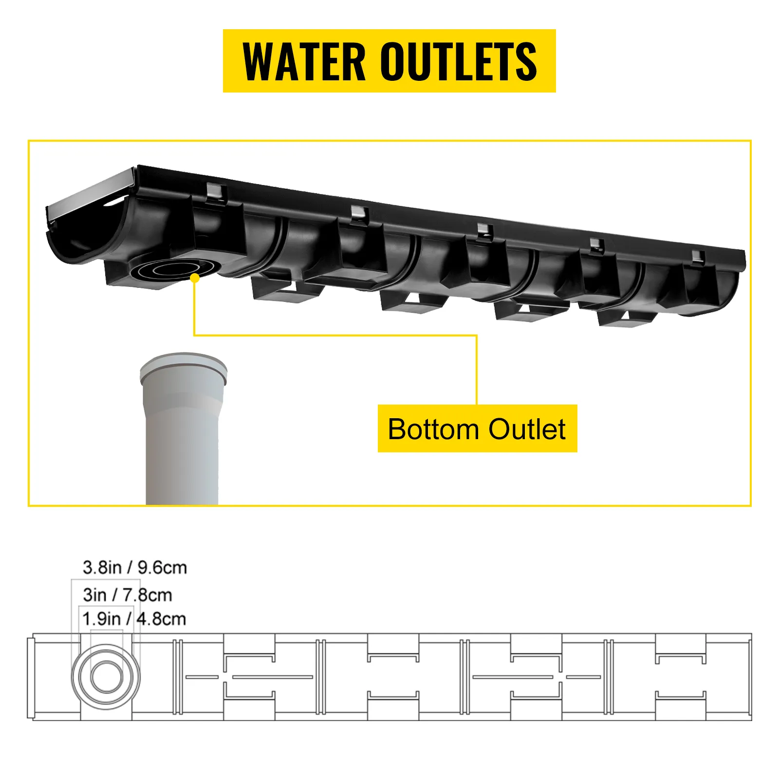 El sistema de drenaje de zanja VEVOR cuenta con salidas de agua y una conexión de salida inferior.