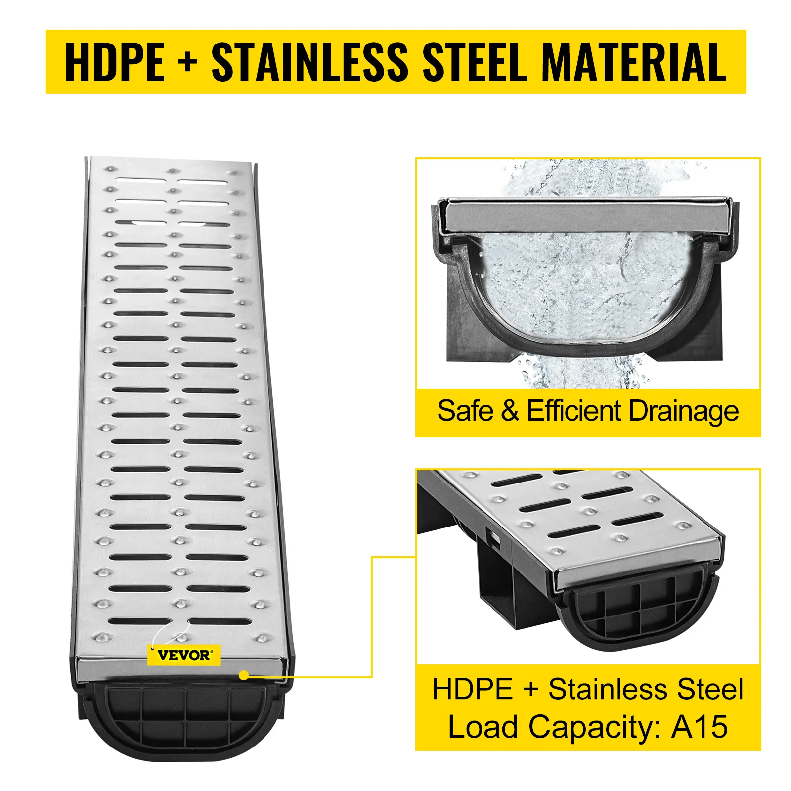 Sistema de drenaje de zanja VEVOR, hdpe + acero inoxidable, solución de drenaje segura y eficiente.