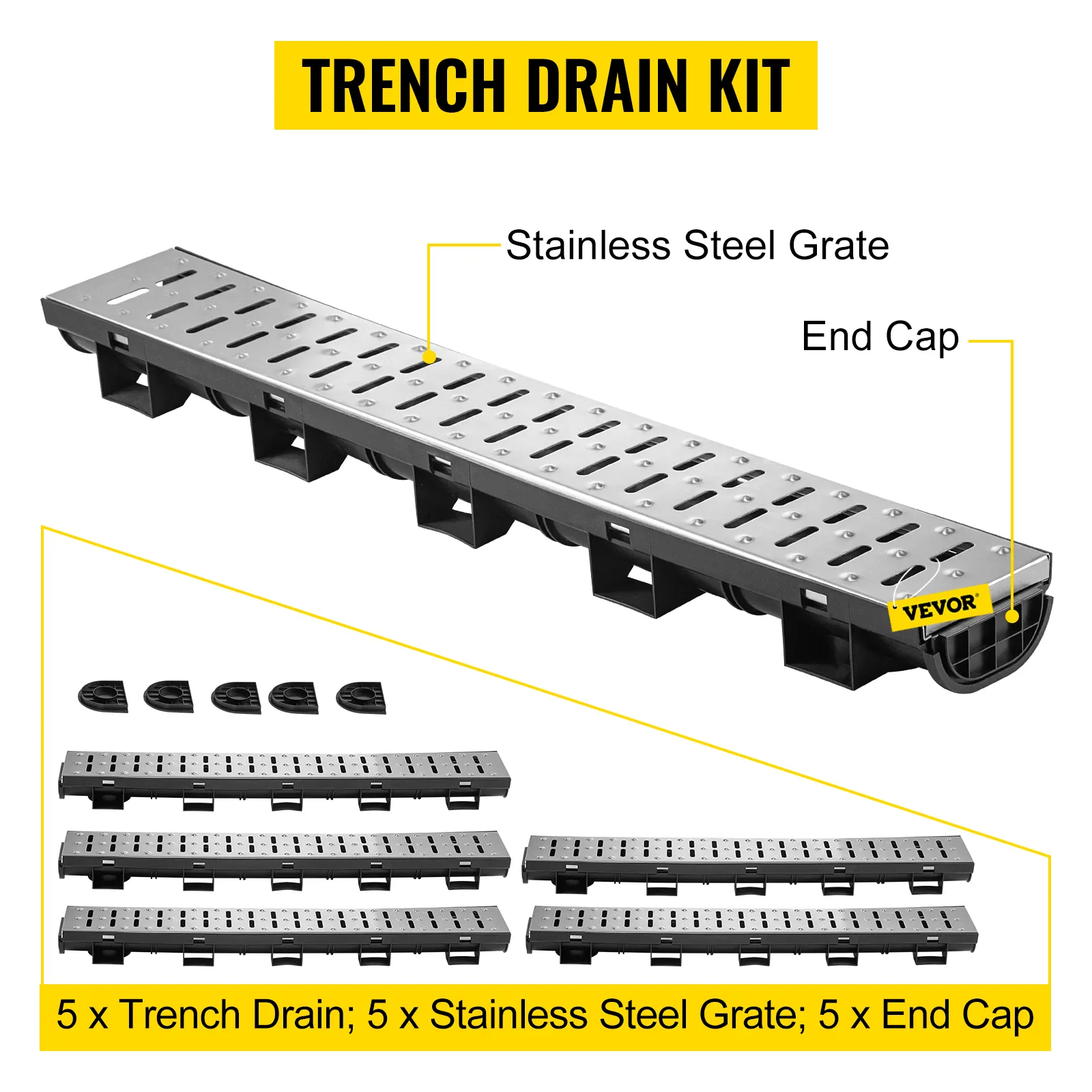 Sistema de drenaje de zanja VEVOR, rejillas de acero inoxidable, tapas de extremo, kit de drenaje de zanja.
