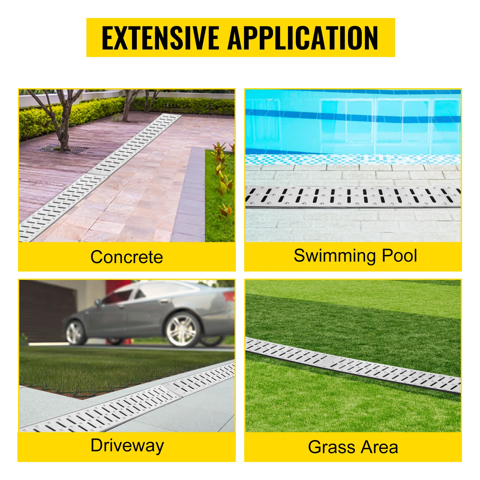 Sistema de drenaje de zanja VEVOR mostrado en concreto, piscina, camino de entrada y área de césped.
