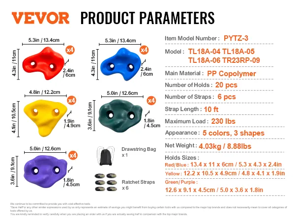 Parámetros del kit de escalada de árboles VEVOR: carga máxima de 230 libras, 5 colores, 20 presas, 6 correas, longitud de correa de 10 pies.