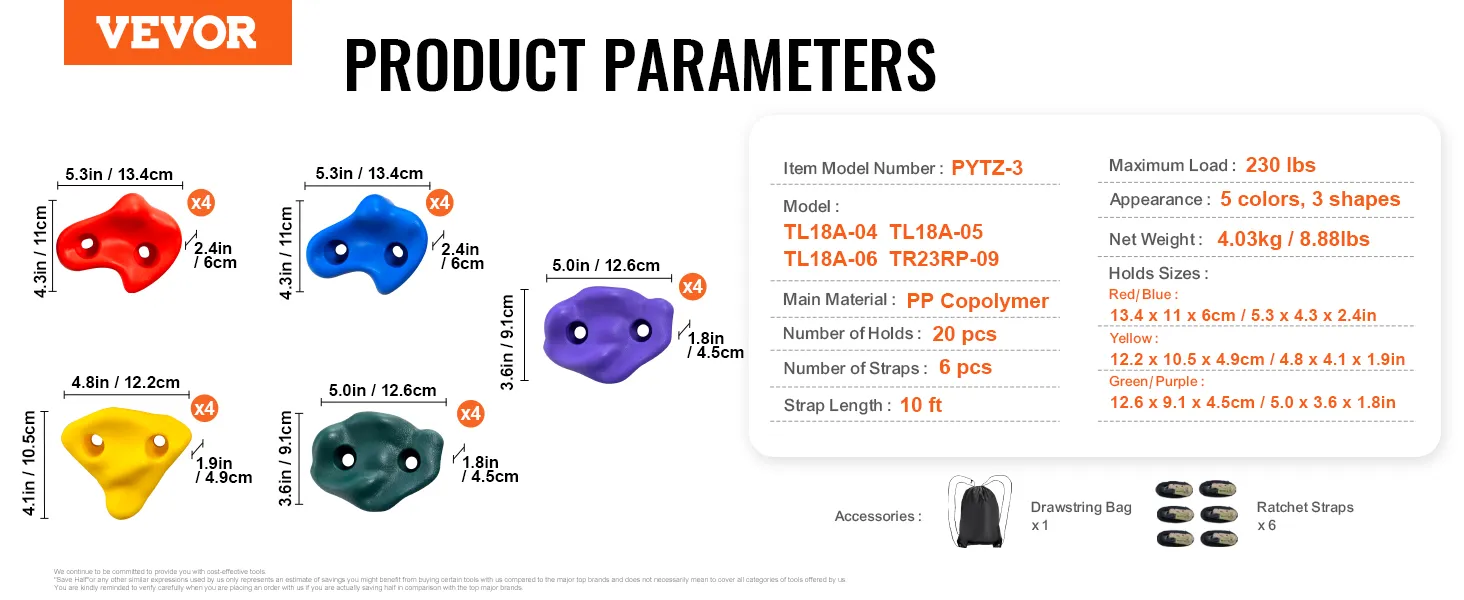 Parámetros del kit de escalada de árboles VEVOR: carga máxima de 230 libras, 5 colores, 20 presas, 6 correas, longitud de correa de 10 pies.