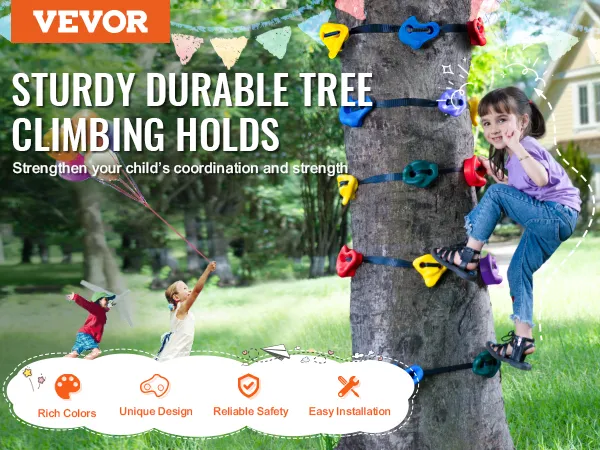 Kit de escalada de árboles VEVOR con presas de colores que mejoran la coordinación y la fuerza de los niños en el patio trasero.