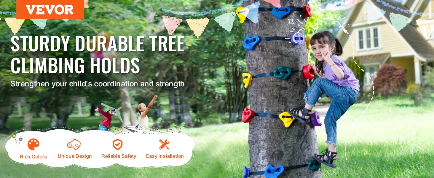 Kit de escalada de árboles VEVOR con presas de colores que mejoran la coordinación y la fuerza de los niños en el patio trasero.