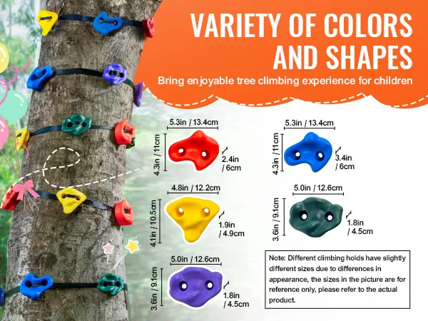 El colorido kit de escalada de árboles VEVOR se sostiene en un árbol, mostrando varias formas y tamaños para los niños.