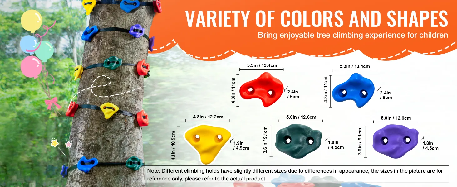 El colorido kit de escalada de árboles VEVOR se sostiene en un árbol, mostrando varias formas y tamaños para los niños.