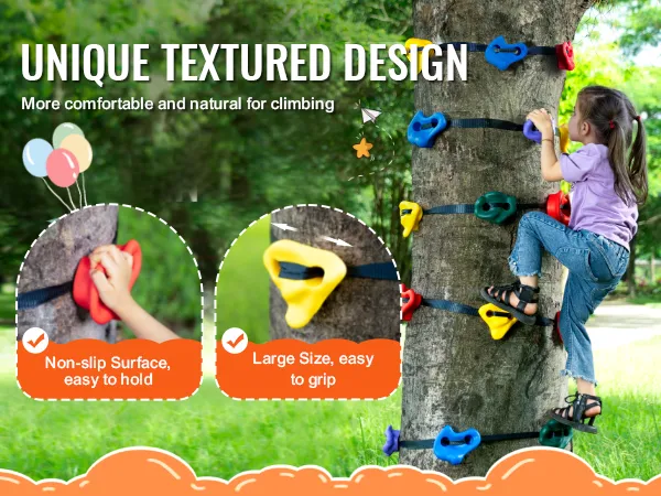 Niño trepando a un árbol usando un kit de escalada de árboles VEVOR con agarraderas antideslizantes de gran tamaño en colores brillantes.