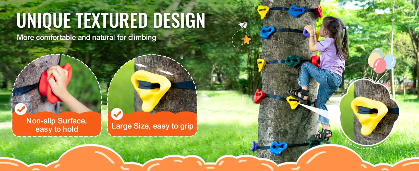 Niño trepando a un árbol usando un kit de escalada de árboles VEVOR con agarraderas antideslizantes de gran tamaño en colores brillantes.
