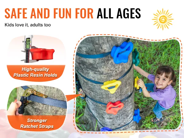 Escalada segura de árboles con el kit de escalada de árboles VEVOR, que incluye soportes de resina plástica y correas de trinquete.