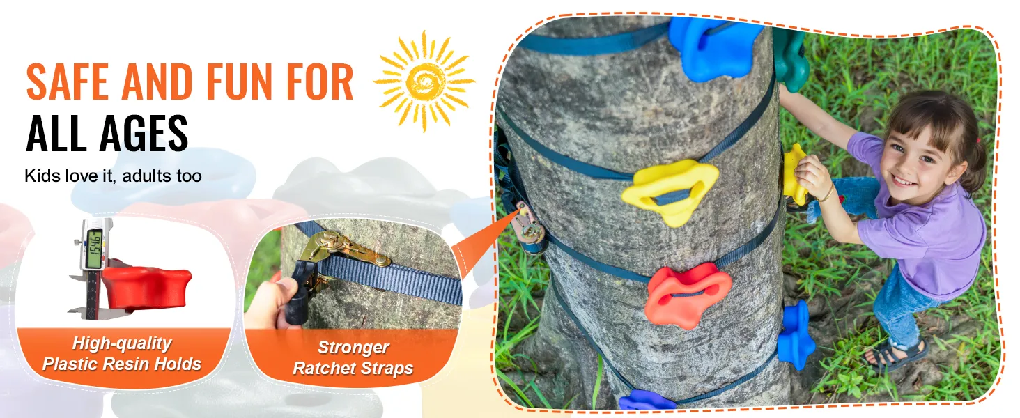 Escalada segura de árboles con el kit de escalada de árboles VEVOR, que incluye soportes de resina plástica y correas de trinquete.